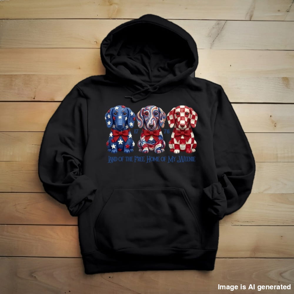 Dachshund Land of the Free hoodie in Black, front view with three patriotic Dachshunds