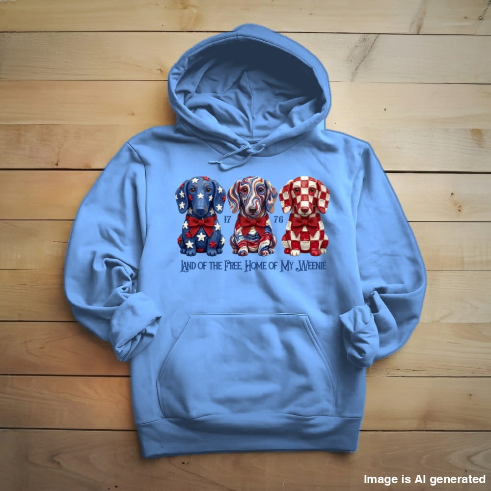 Dachshund Land of the Free hoodie in Carolina Blue, front view with three patriotic Dachshunds