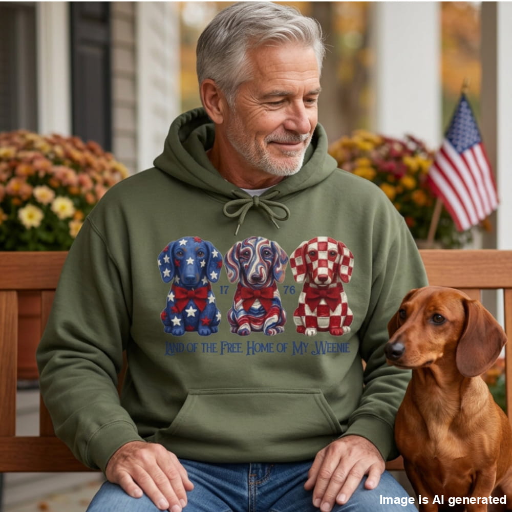 Man in a Military Green Land of the Free hoodie with three patriotic Dachshunds, sitting on a bench next to his Dachshund