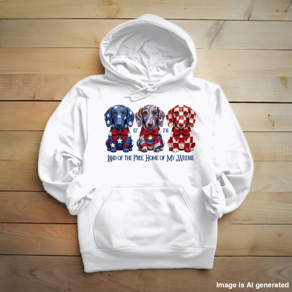 Dachshund Land of the Free hoodie in White, front view with three patriotic Dachshunds
