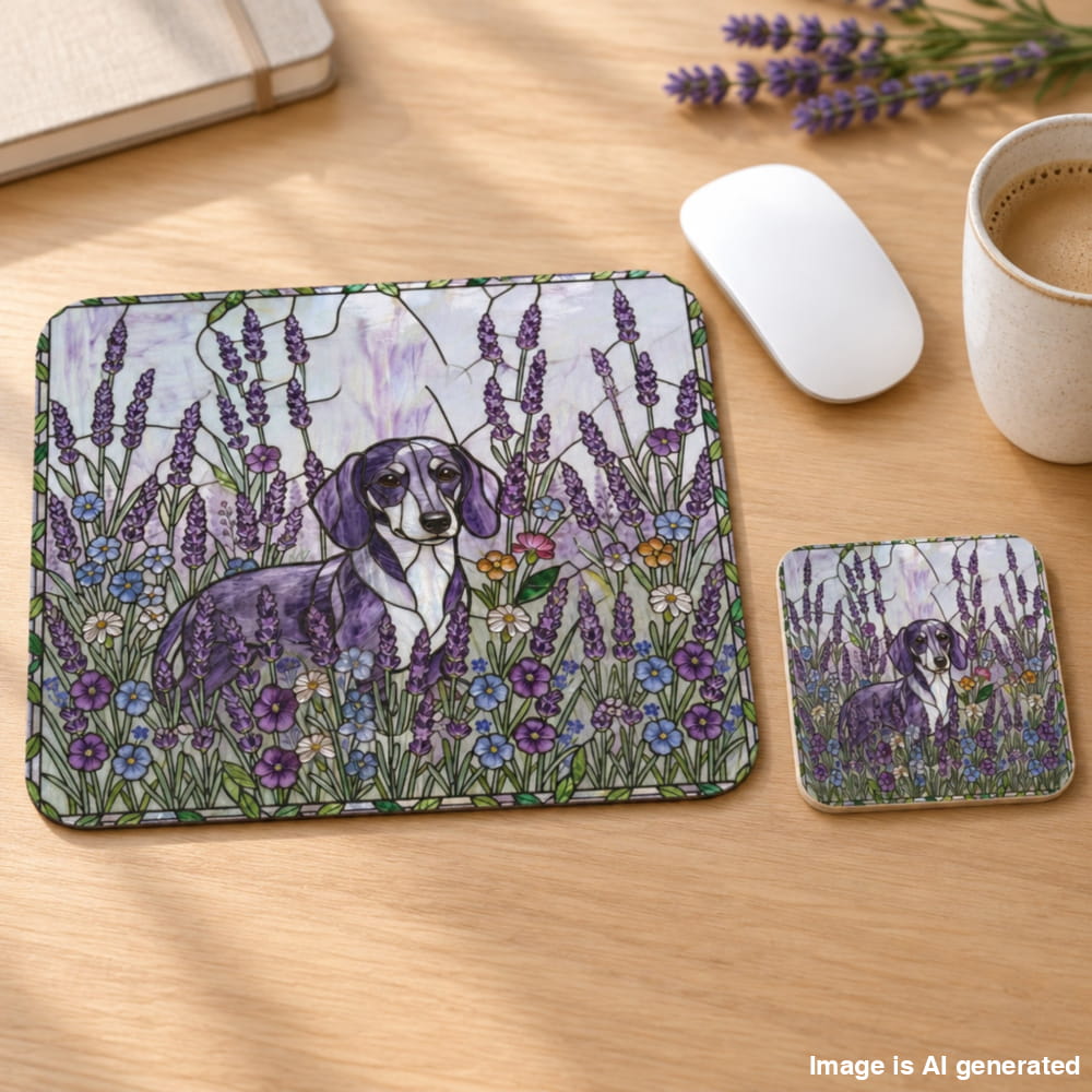 A rectangular desk mat and a square coaster, both printed with an illustration of a dachshund sitting in a lavender field, displayed on a light wood desk next to a white computer mouse and a cup of coffee.