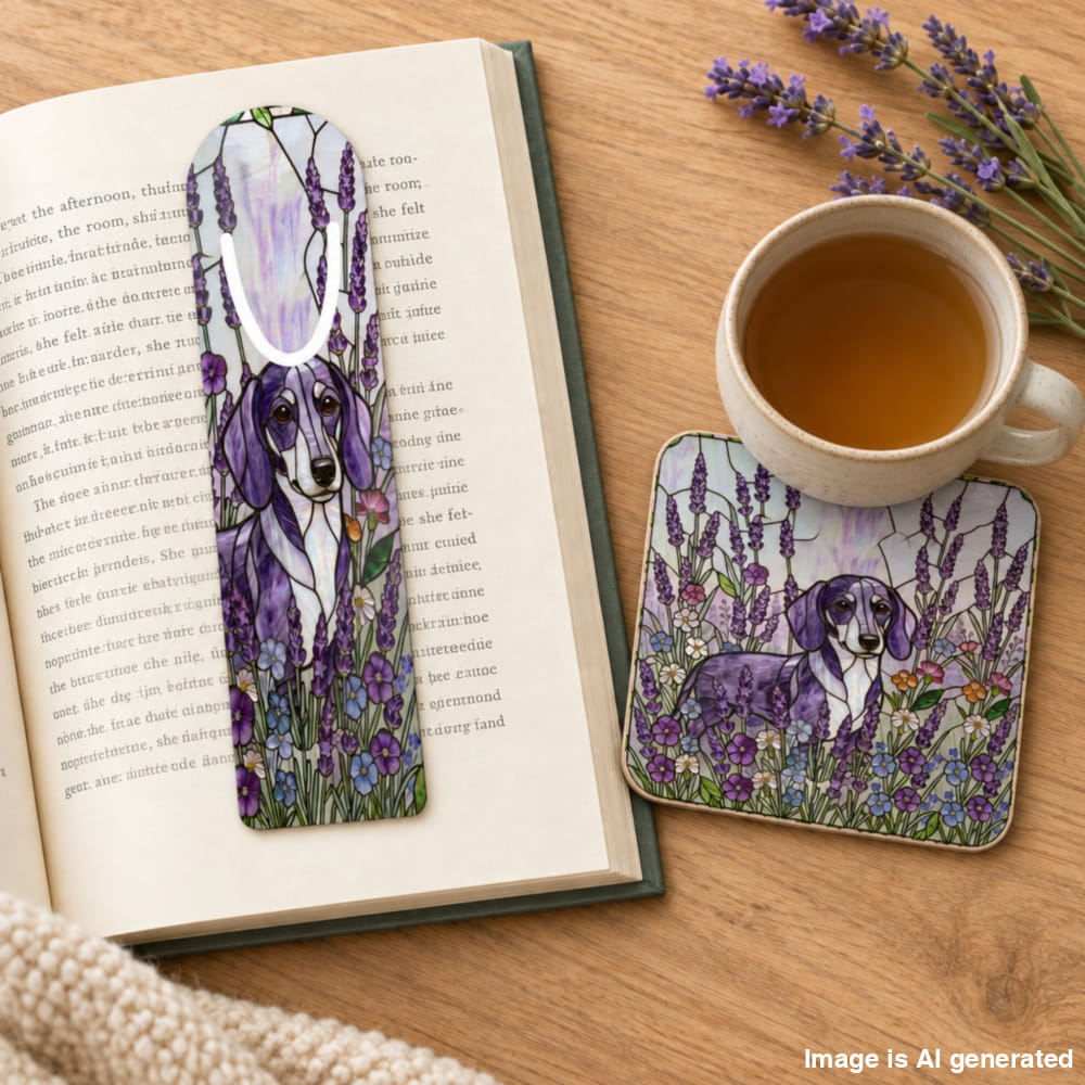 A decorative book bookmark and matching square coaster featuring a purple and lavender dog among flowers, styled on a wooden table with an open book, a cup of tea, and lavender sprigs.