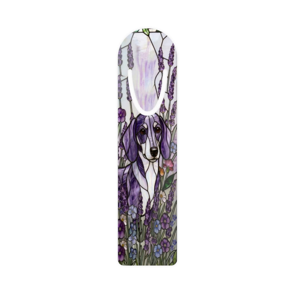 A rectangular plastic storage container with a handle, decorated with a stained-glass style illustration of a dachshund surrounded by purple flowers, shown on a plain white background.