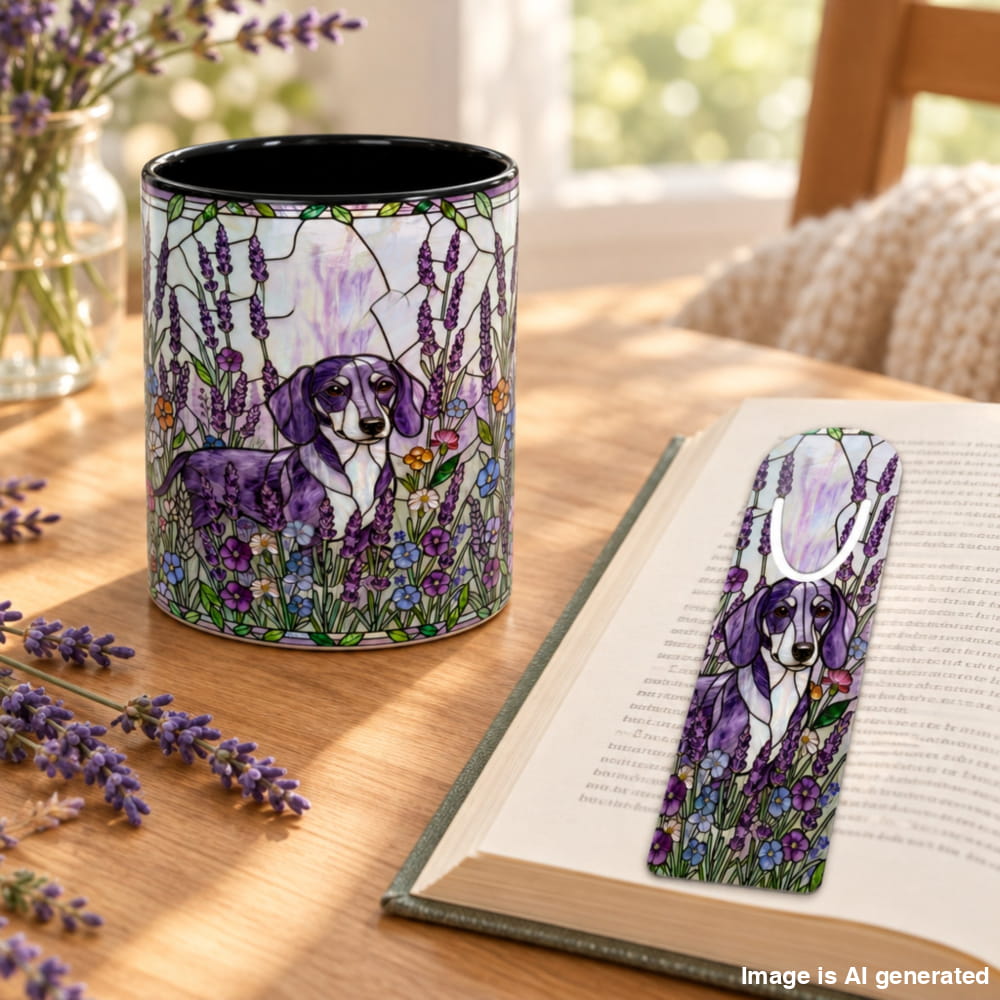 A ceramic mug and matching bookmark featuring a purple dachshund surrounded by lavender and wildflowers, styled on a wooden table next to an open book and lavender sprigs.