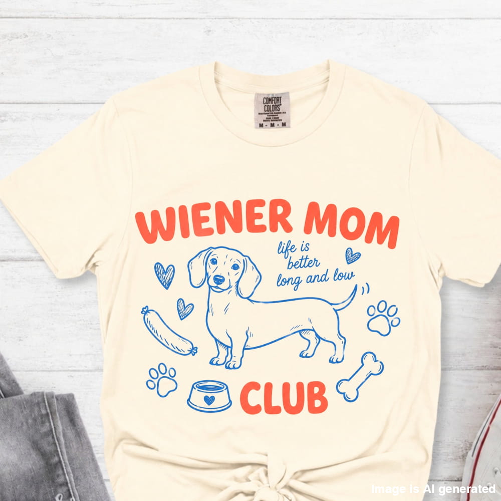 Beige t-shirt with 'Wiener Mom Club' graphic design on a light wooden surface.