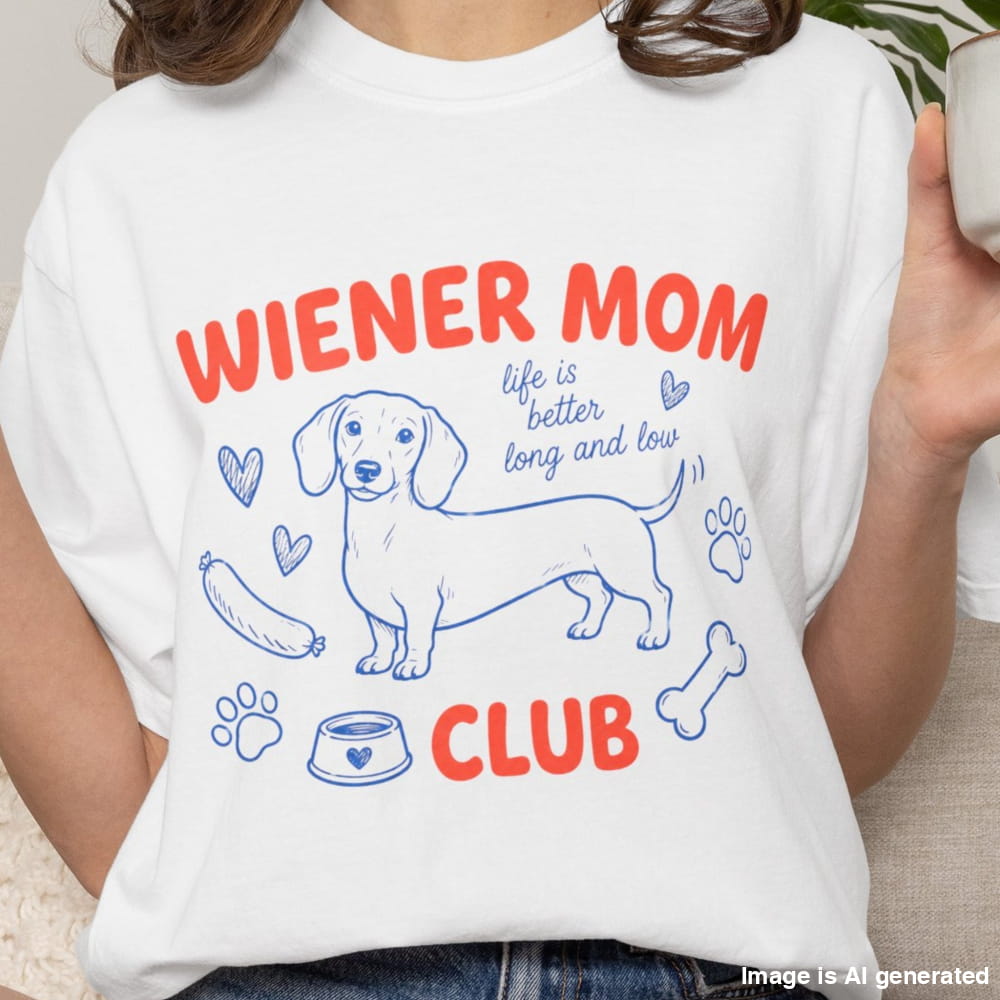 Person wearing a white t-shirt with 'Wiener Mom Club' design featuring a dachshund illustration.