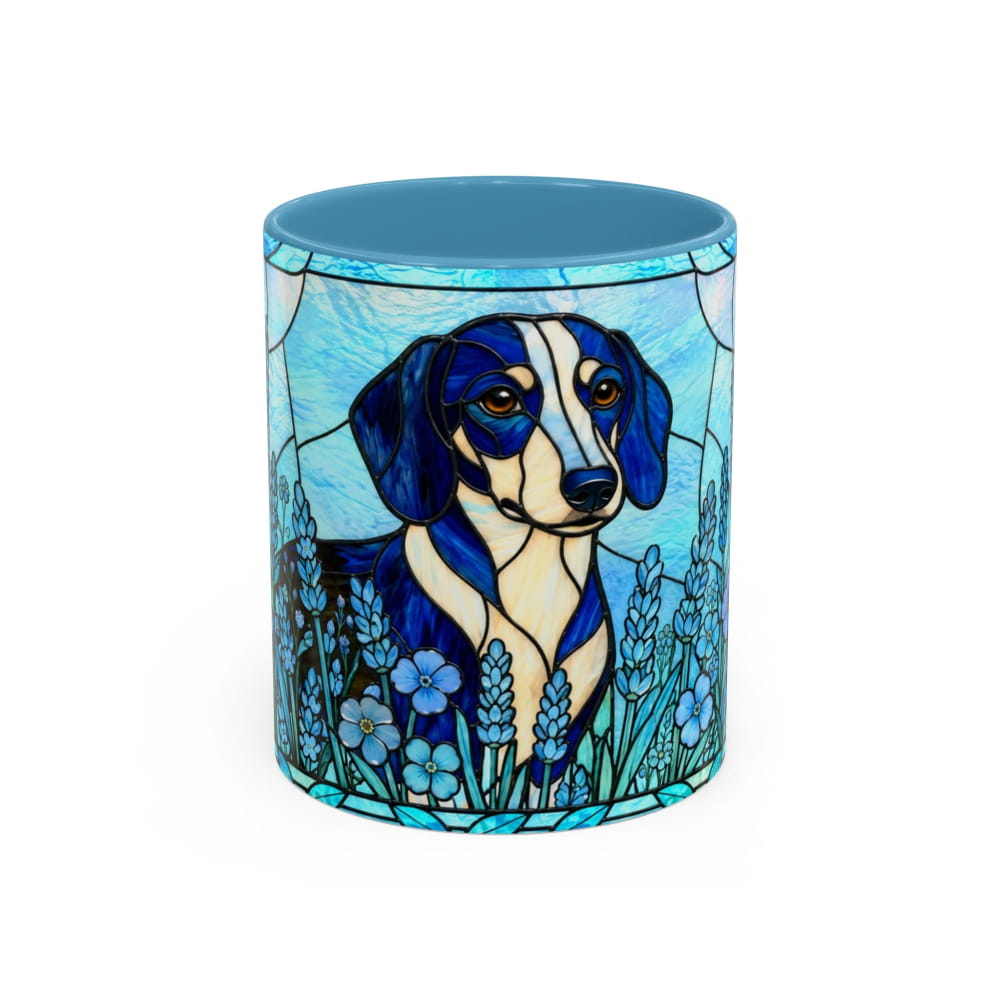 A ceramic mug featuring a stained-glass style illustration of a dachshund surrounded by blue flowers, with a solid blue interior and rim, shown on a white background.