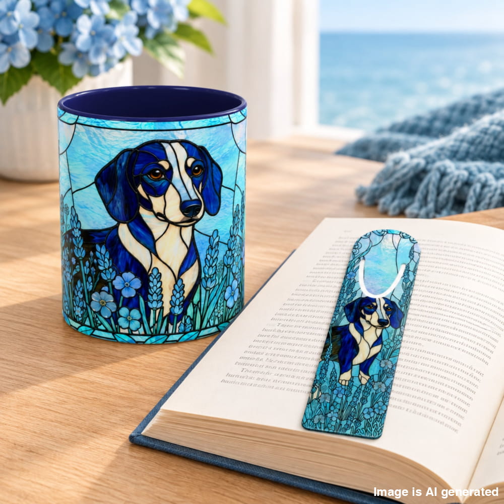 A blue and white dachshund illustration printed on a ceramic mug and a matching bookmark, styled on a wooden table next to an open book with a blurred ocean and flowers in the background.