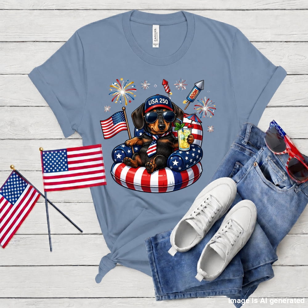 Blue t-shirt with a dachshund graphic, American flags, and sunglasses on a wooden surface.