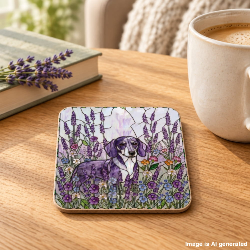A square coaster featuring a painted dachshund surrounded by purple lavender and wildflowers, resting on a wooden table next to a cup of coffee and a book with lavender sprigs.