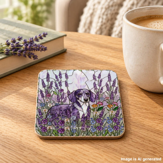 A square coaster featuring a painted dachshund surrounded by purple lavender and wildflowers, resting on a wooden table next to a cup of coffee and a book with lavender sprigs.