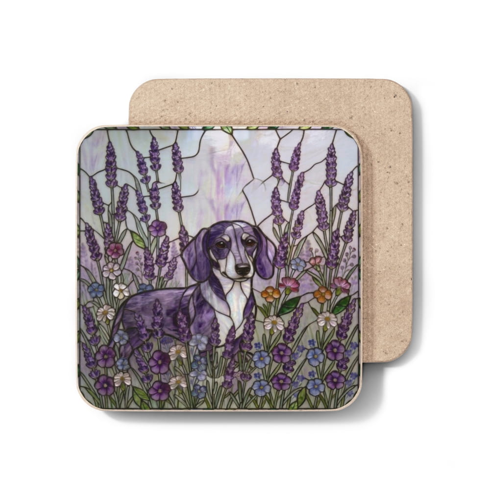 Two square cork coasters stacked, with the top coaster showing a printed illustration of a dachshund surrounded by purple lavender flowers. The coasters are photographed on a clean white background.