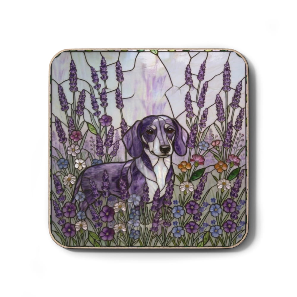 A square decorative tile or coaster featuring a stained-glass-style illustration of a dachshund surrounded by lavender and wildflowers, shown on a clean white background.