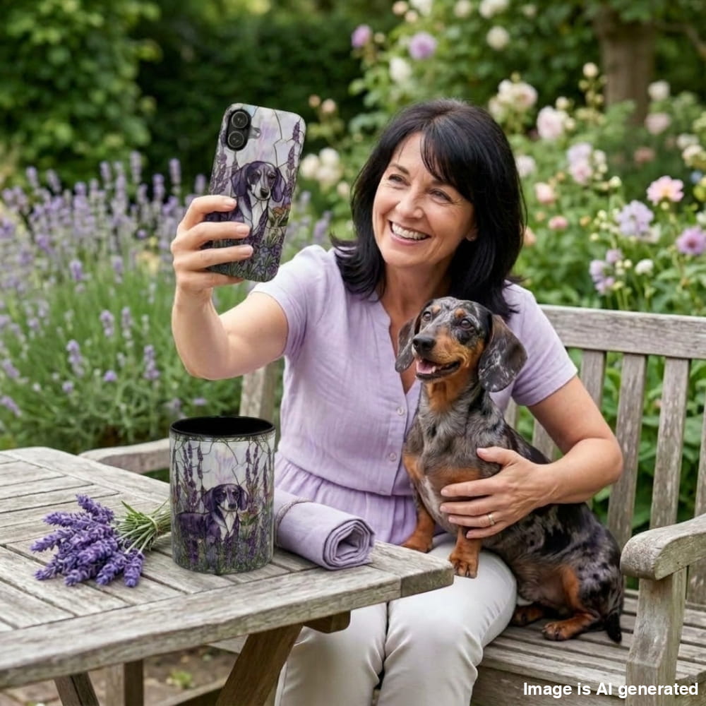 A woman takes a selfie while sitting on a wooden garden bench with a dachshund, next to a lavender-themed table setting. The products shown are a matching phone case and a cylindrical cup with a printed design of a dachshund in a field of lavender.