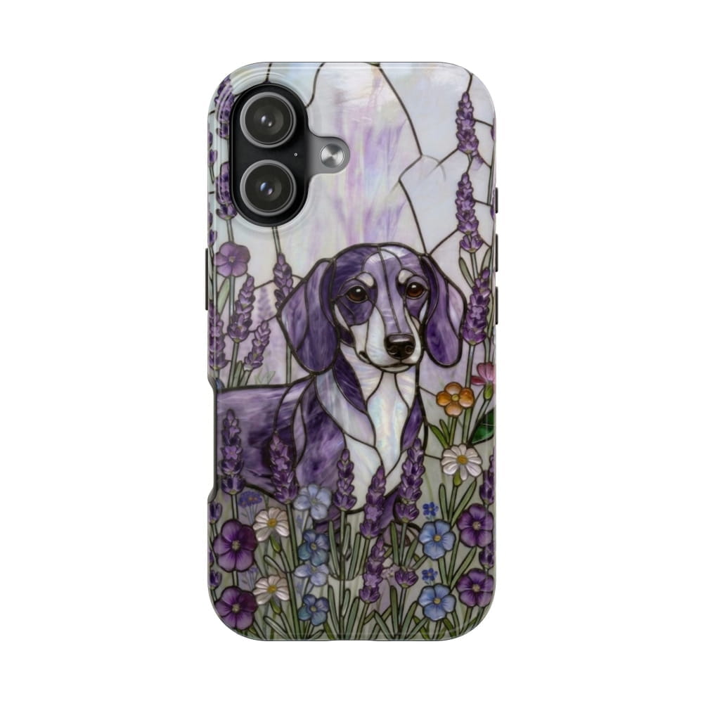 Phone case with a purple dog illustration and floral design on a white background