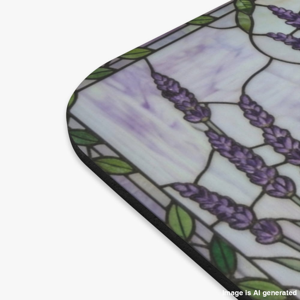 A close-up of a rectangular mat with rounded corners, featuring a stained-glass style design of purple lavender flowers and green leaves on a white and light purple marbled background.
