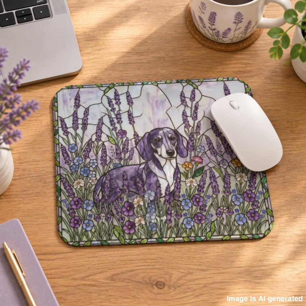 A rectangular desk mat with rounded corners sits on a wooden desk. The mat features an illustrated purple dachshund surrounded by lavender and wildflowers in a stained-glass style.