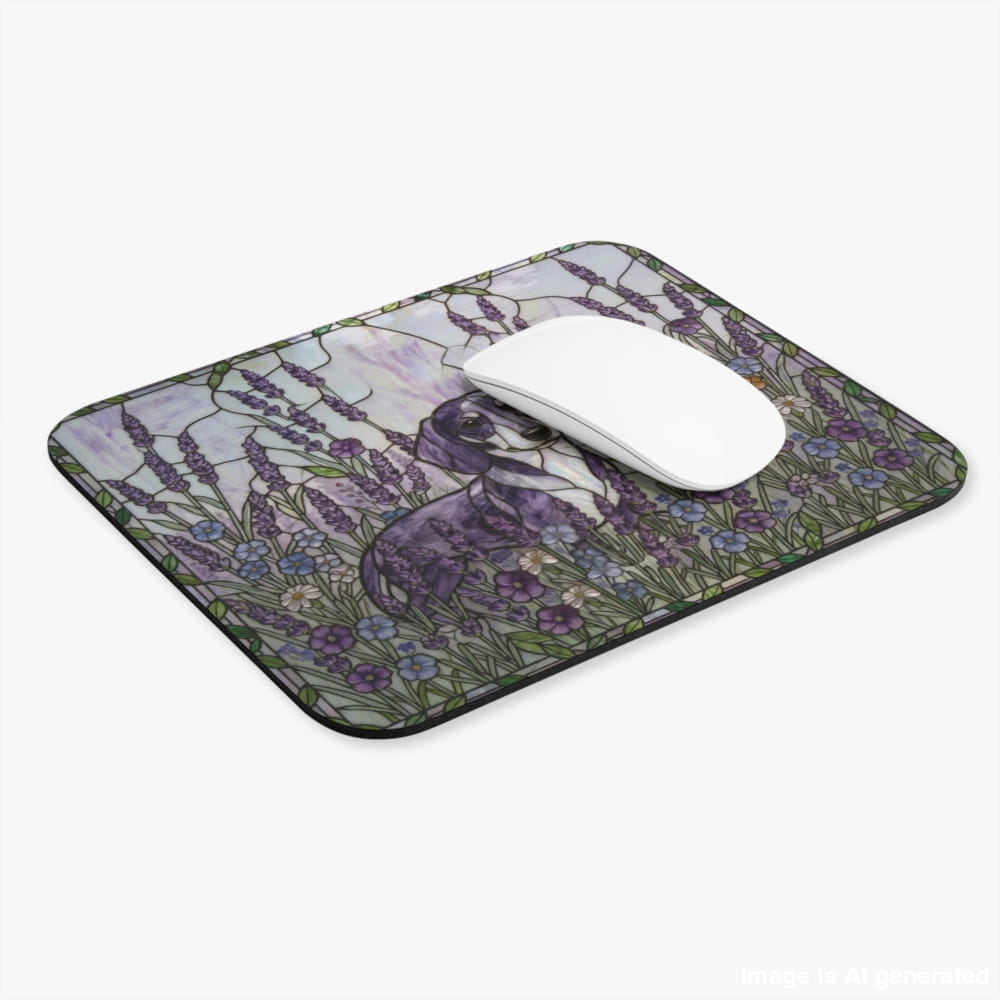 A rectangular computer mouse pad with rounded corners, featuring a vintage-style illustration of a cat among purple flowers. A white computer mouse is placed on top of the pad.