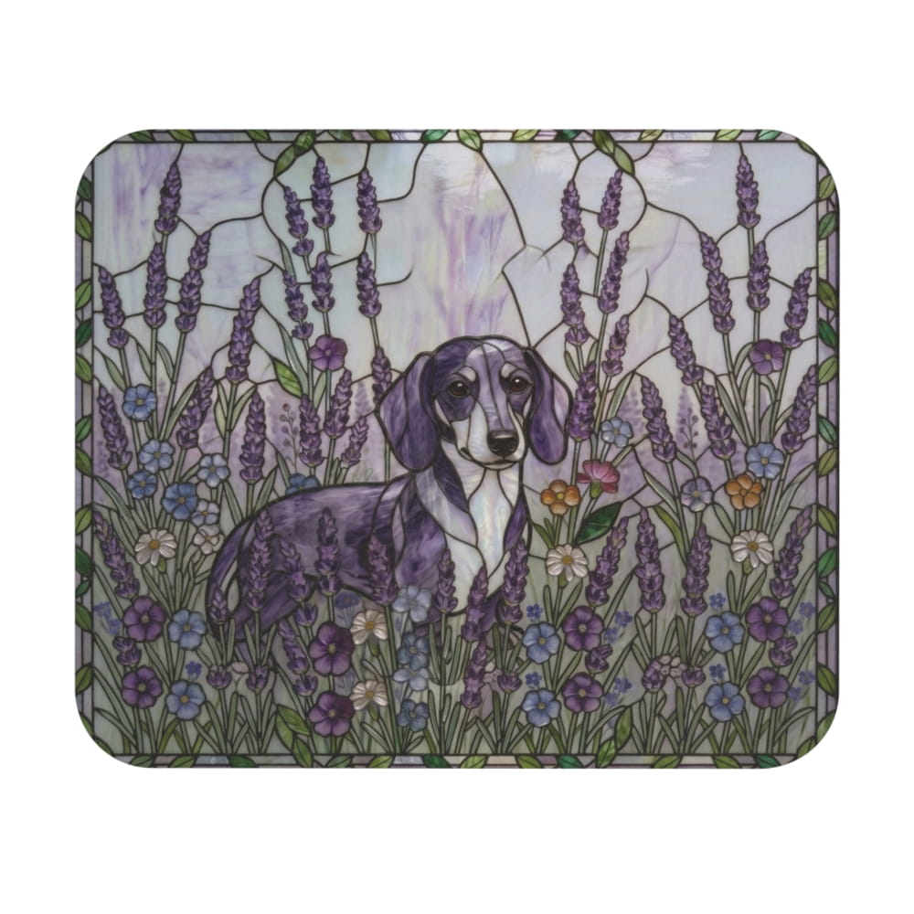 A square decorative item featuring a stained-glass-style illustration of a dachshund surrounded by lavender and wildflowers, shown on a plain white background.