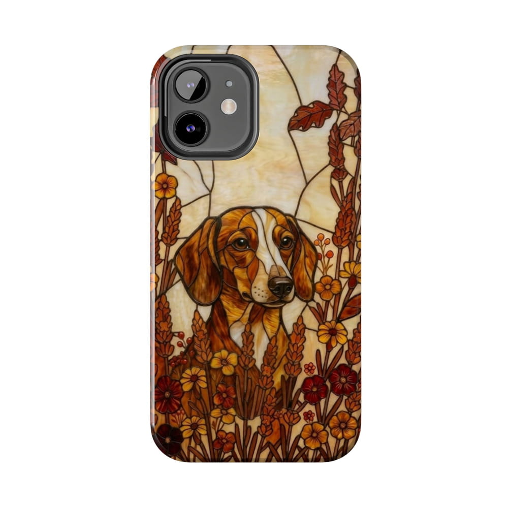 Dachshund Stained Glass Style Tough Case, Autumn Warmth Theme - iPhone 12 - Phone Case