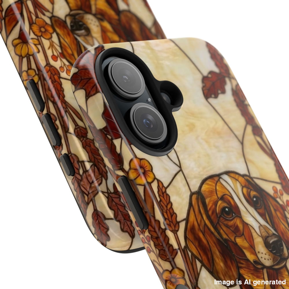 Dachshund Stained Glass Style Tough Case, Autumn Warmth Theme - iPhone 16 - Phone Case