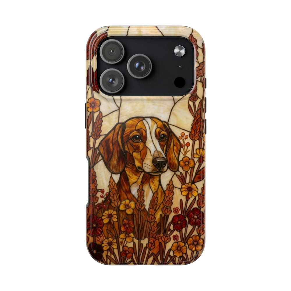 Dachshund Stained Glass Style Tough Case, Autumn Warmth Theme - iPhone 17 Pro - Phone Case