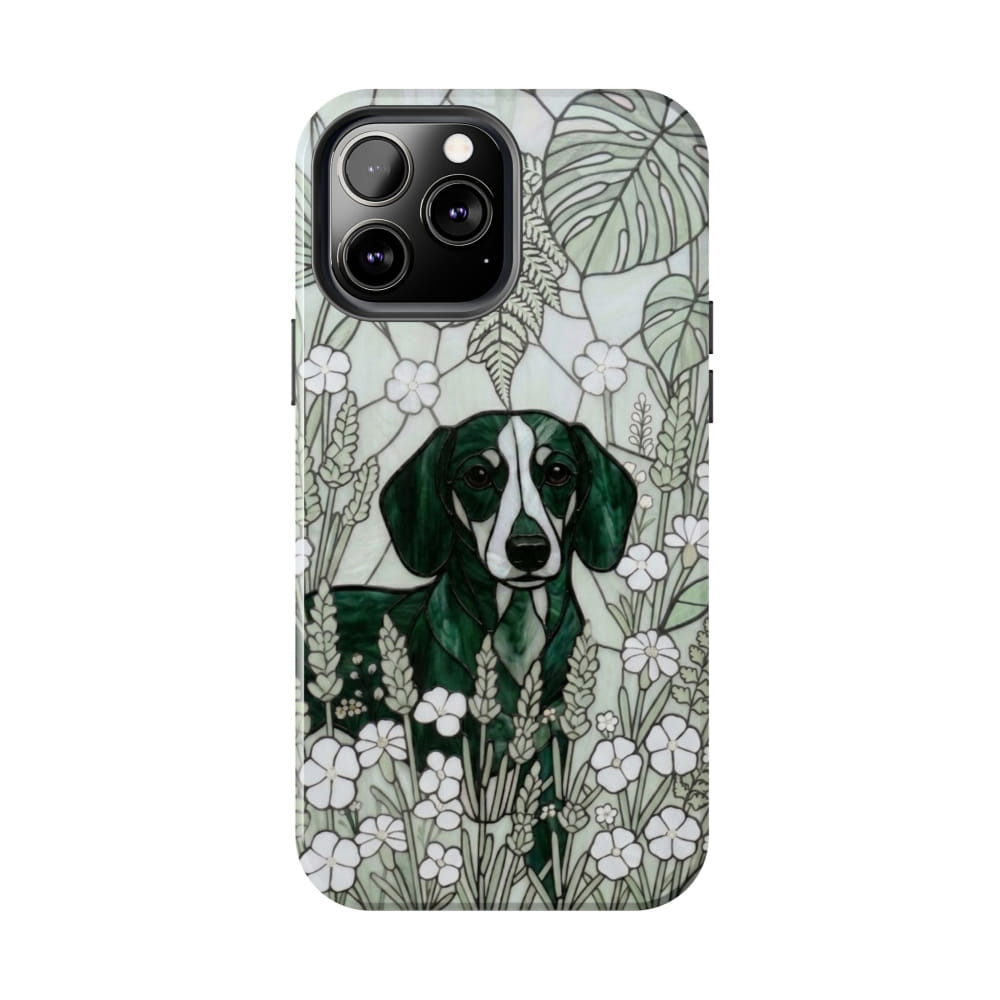 Dachshund Stained Glass Style Tough Case, Botanical Green Theme - iPhone 13 Pro Max - Phone Case