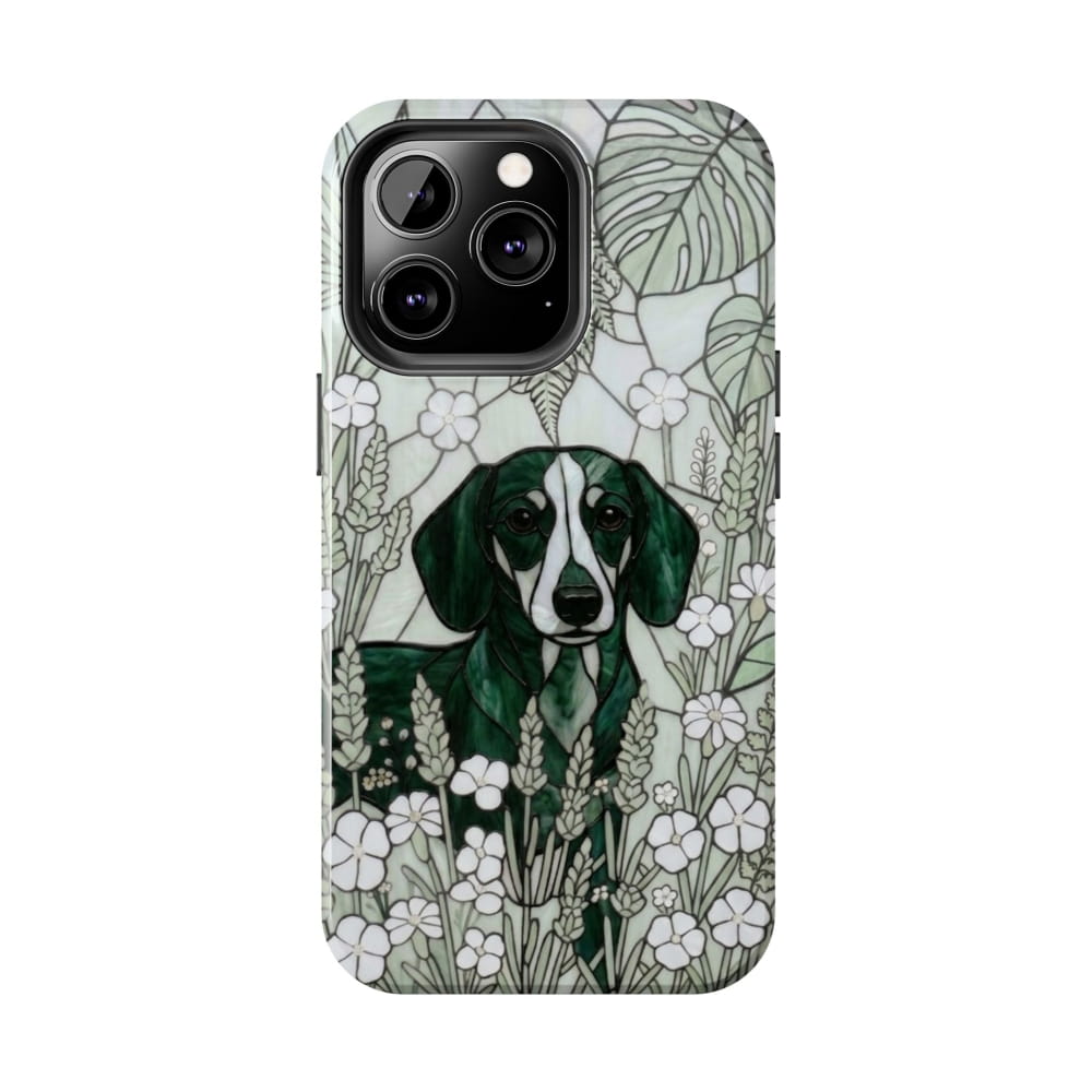 Dachshund Stained Glass Style Tough Case, Botanical Green Theme - iPhone 13 Pro - Phone Case