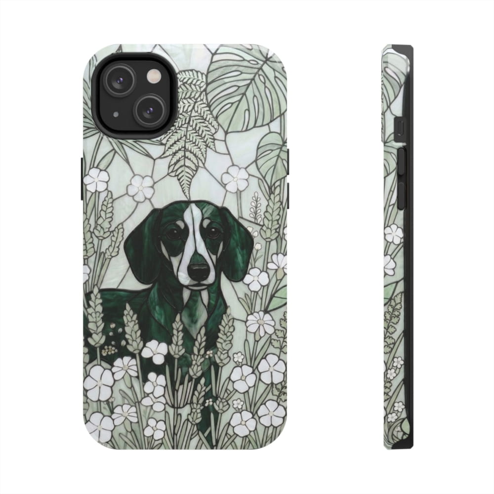 Dachshund Stained Glass Style Tough Case, Botanical Green Theme - iPhone 14 Plus - Phone Case