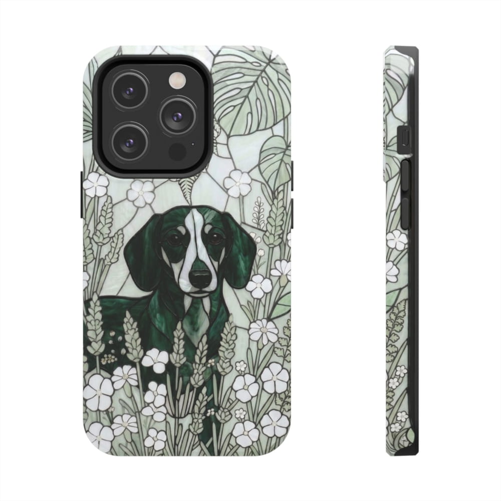 Dachshund Stained Glass Style Tough Case, Botanical Green Theme - iPhone 14 Pro - Phone Case