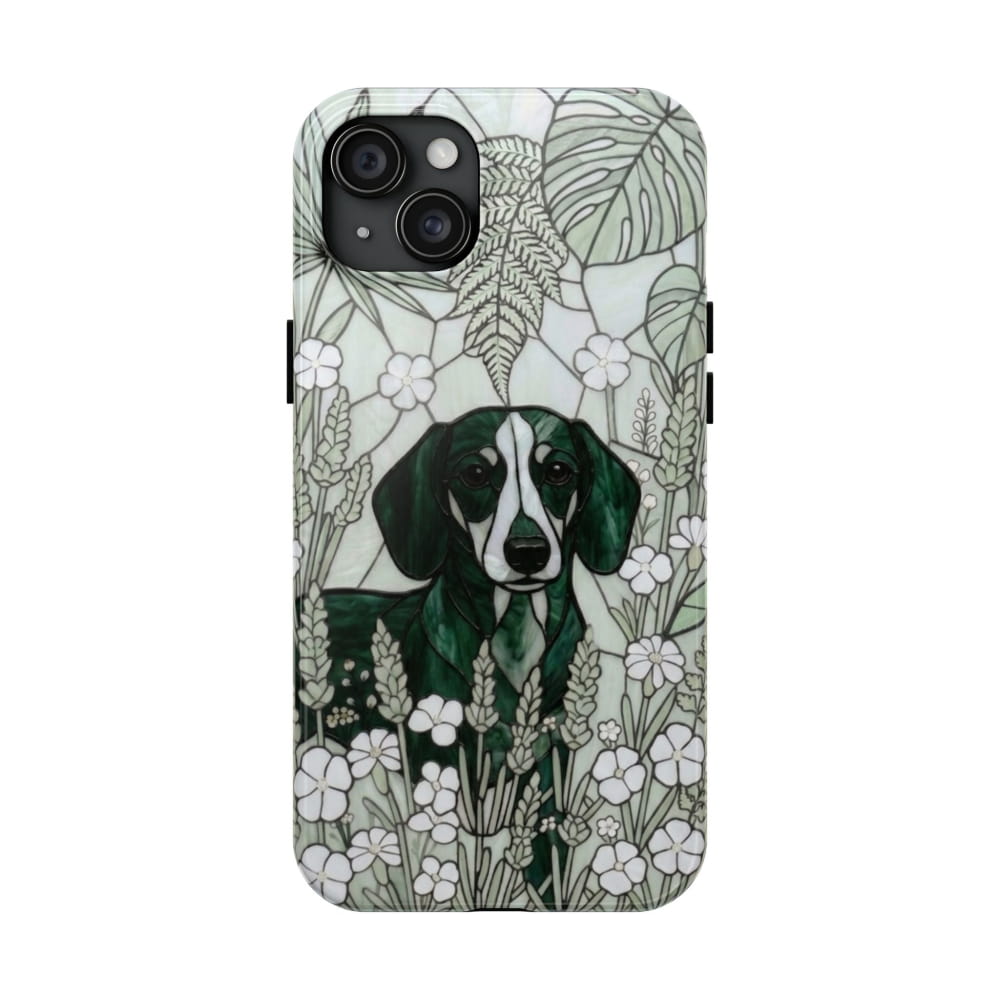 Dachshund Stained Glass Style Tough Case, Botanical Green Theme - iPhone 15 Plus - Phone Case