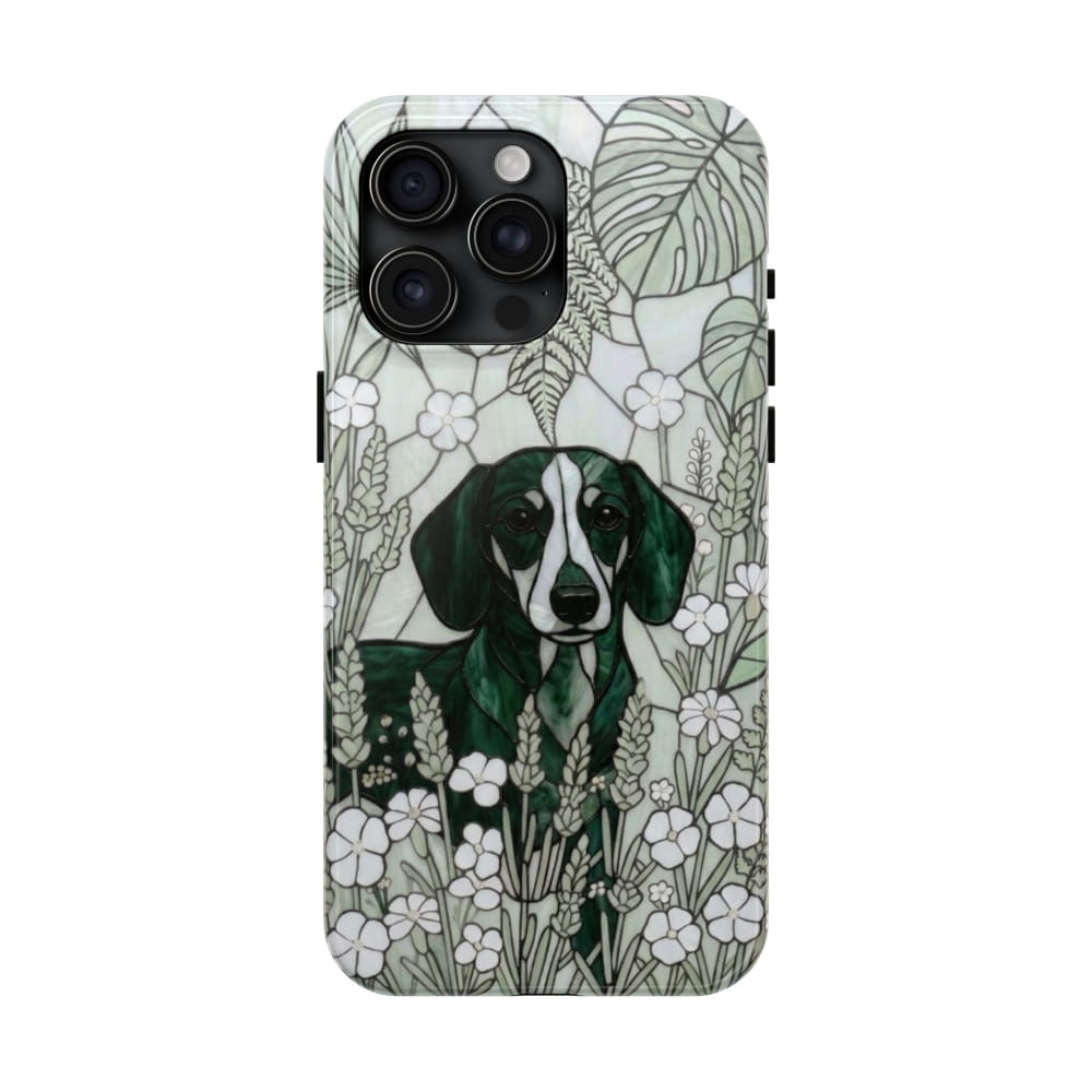 Dachshund Stained Glass Style Tough Case, Botanical Green Theme - iPhone 15 Pro Max - Phone Case