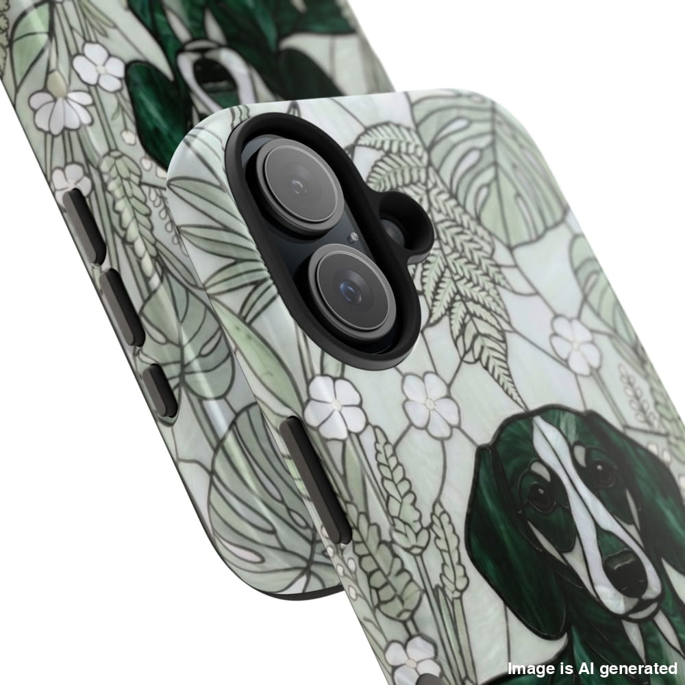 Dachshund Stained Glass Style Tough Case, Botanical Green Theme - iPhone 16 - Phone Case