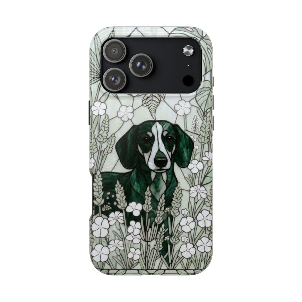 Dachshund Stained Glass Style Tough Case, Botanical Green Theme - iPhone 17 Pro Max - Phone Case