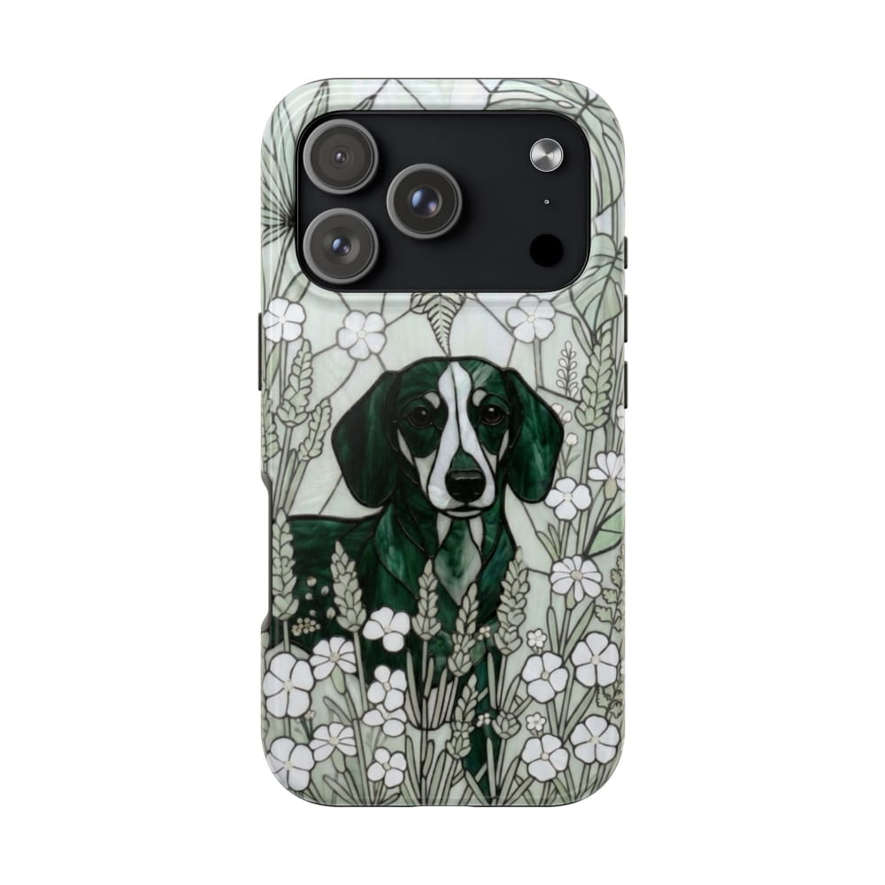 Dachshund Stained Glass Style Tough Case, Botanical Green Theme - iPhone 17 Pro - Phone Case
