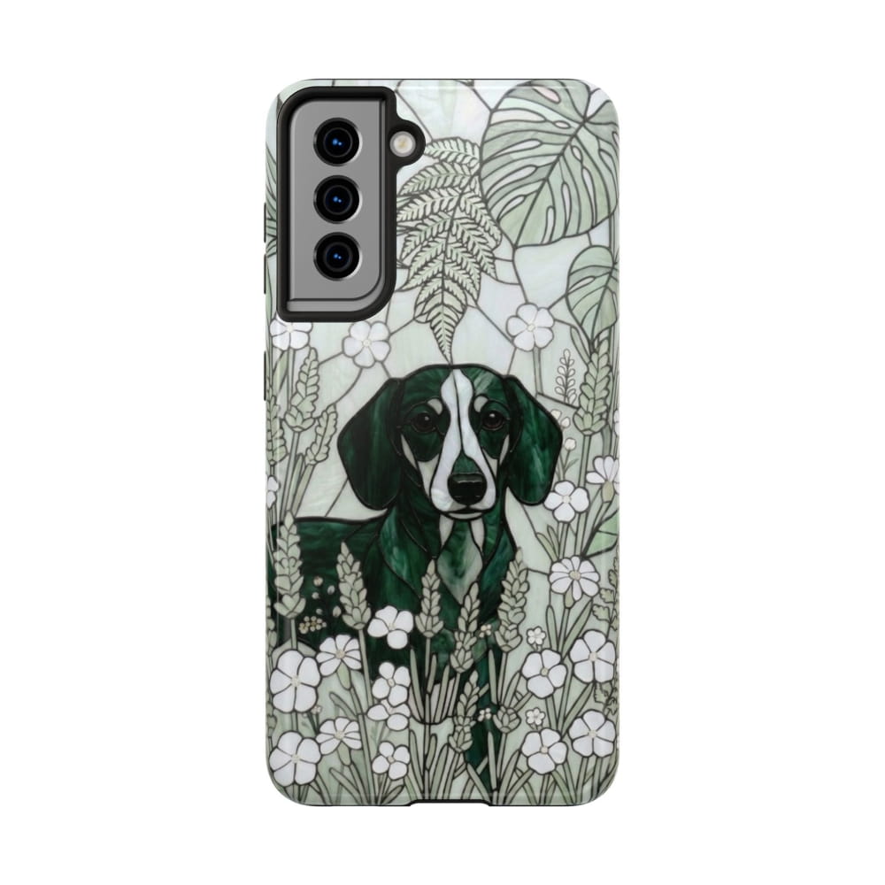 Dachshund Stained Glass Style Tough Case, Botanical Green Theme - Samsung Galaxy S21 - Phone Case