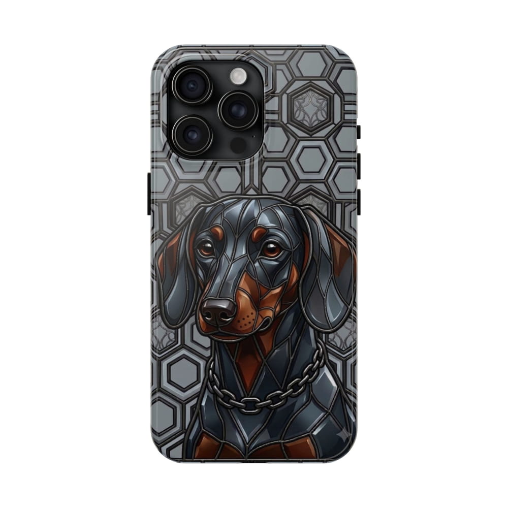 Phone case with a dachshund design on a geometric patterned background
