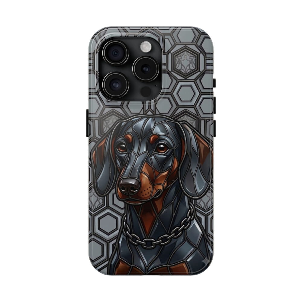 Phone case with a dachshund design on a geometric patterned background