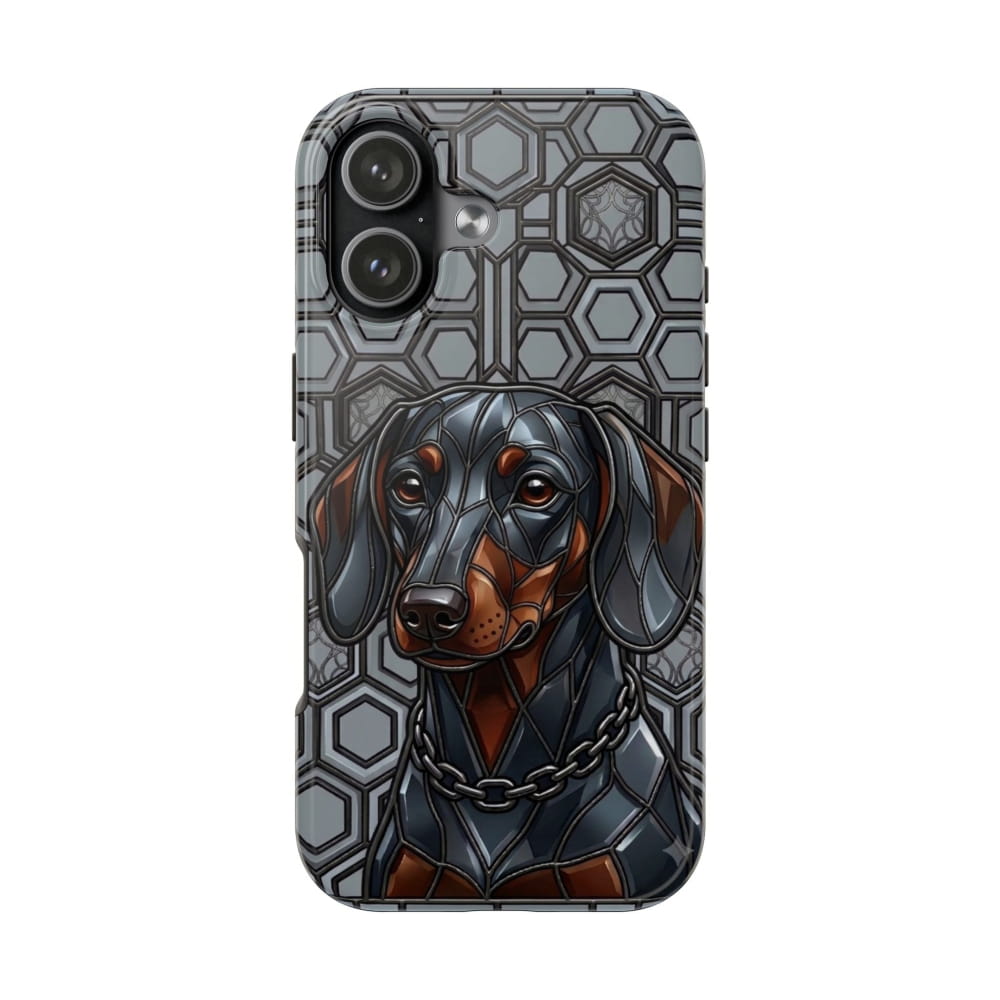 Phone case with a dachshund design on a geometric patterned background