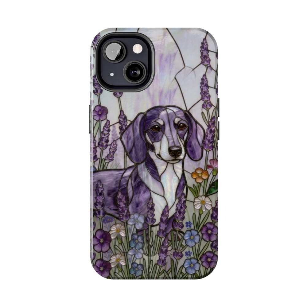 Dachshund Stained Glass Style Tough Case, Lavender Floral Theme - iPhone 13 - Phone Case