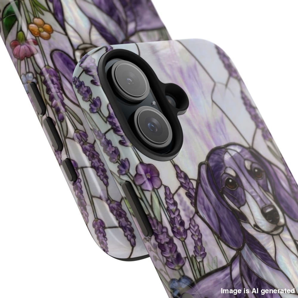 Dachshund Stained Glass Style Tough Case, Lavender Floral Theme - iPhone 16 - Phone Case