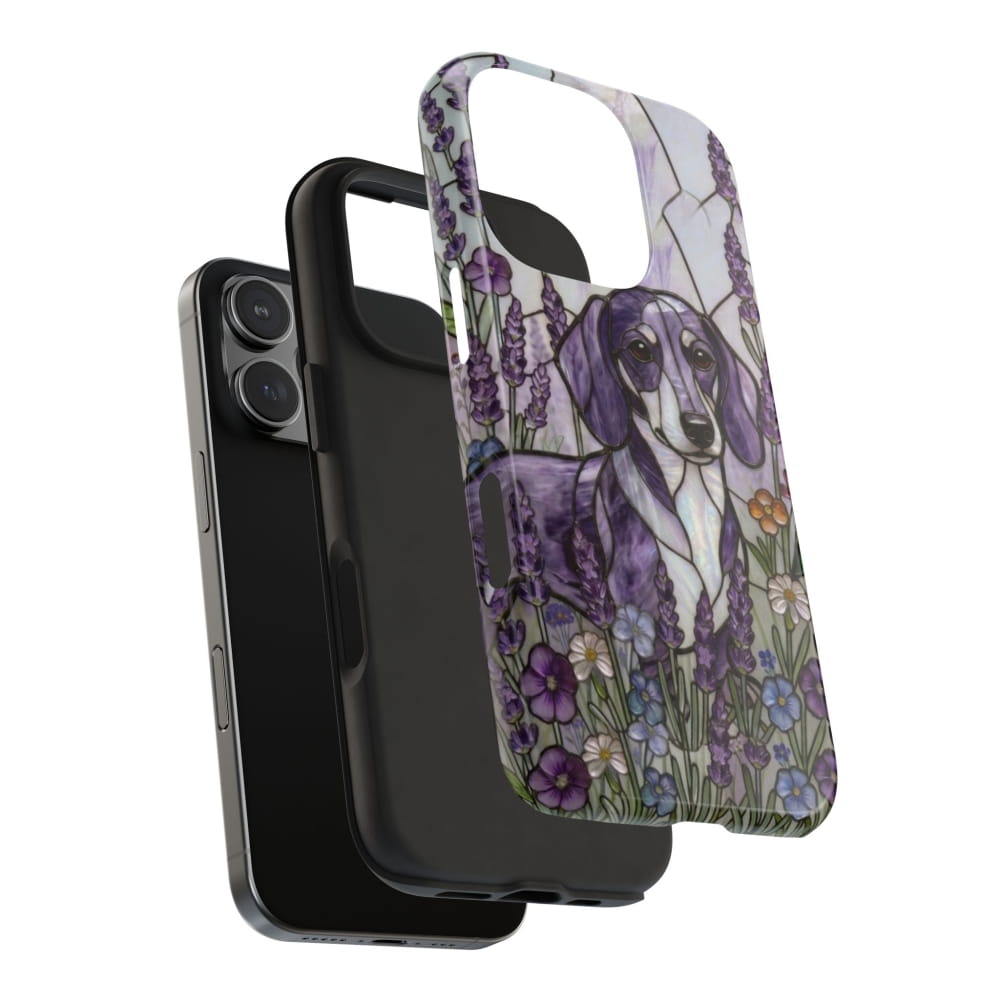 Dachshund Stained Glass Style Tough Case, Lavender Floral Theme - Phone Case