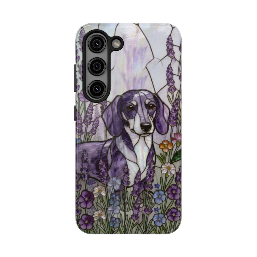 Dachshund Stained Glass Style Tough Case, Lavender Floral Theme - Samsung Galaxy S23 - Phone Case