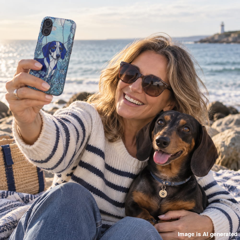 A woman taking a selfie with her dachshund on a rocky beach, holding a phone with a blue and white dog-patterned case. She is wearing a cream and navy striped sweater, and the ocean and lighthouse are visible in the background.