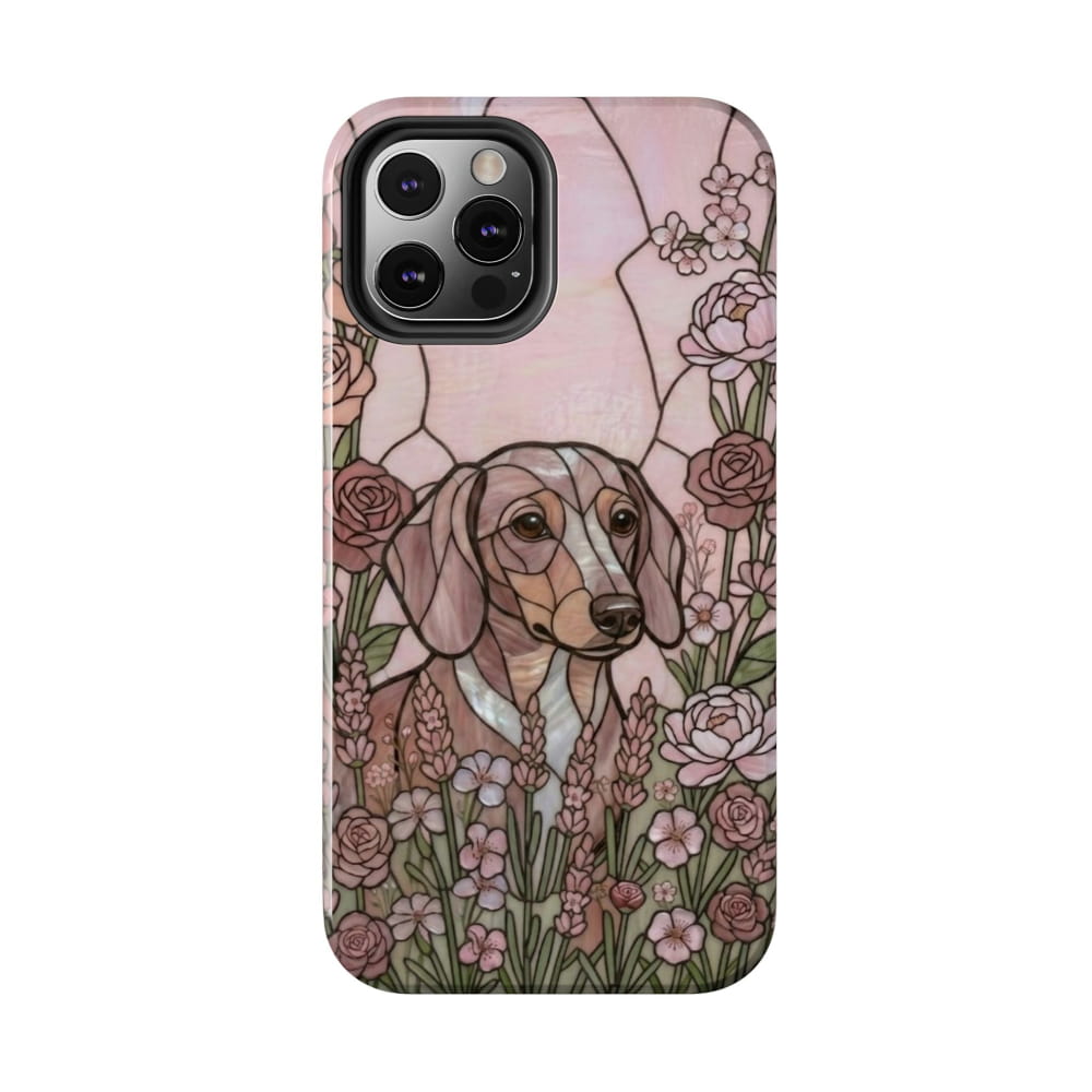 Dachshund Stained Glass Style Tough Case, Rose Garden Theme - iPhone 12 Pro - Phone Case