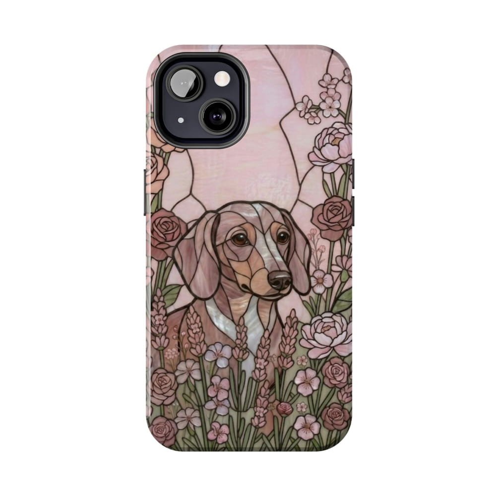 Dachshund Stained Glass Style Tough Case, Rose Garden Theme - iPhone 13 - Phone Case