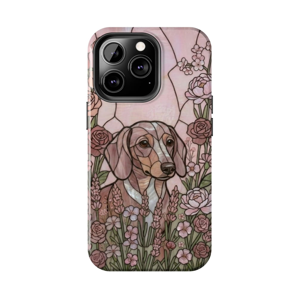 Dachshund Stained Glass Style Tough Case, Rose Garden Theme - iPhone 13 Pro - Phone Case