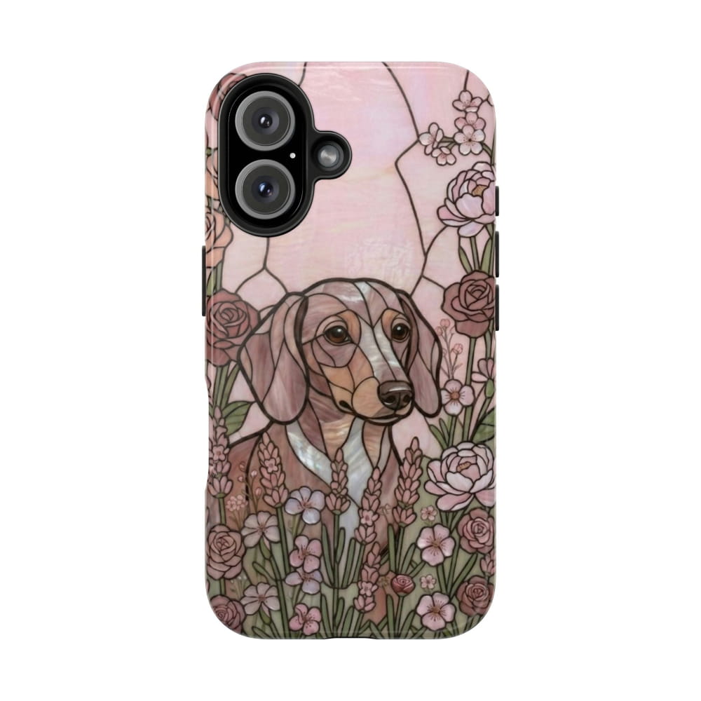 Dachshund Stained Glass Style Tough Case, Rose Garden Theme - iPhone 16 - Phone Case