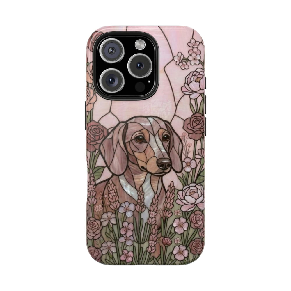 Dachshund Stained Glass Style Tough Case, Rose Garden Theme - Phone Case
