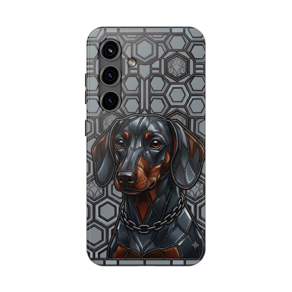 Phone case with a dachshund design on a geometric patterned background